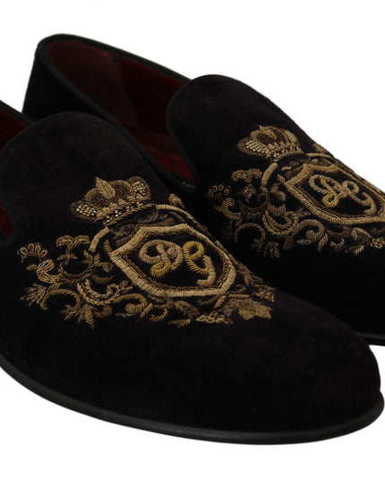 Dolce & Gabbana Loafers Black Velvet Gold Crown