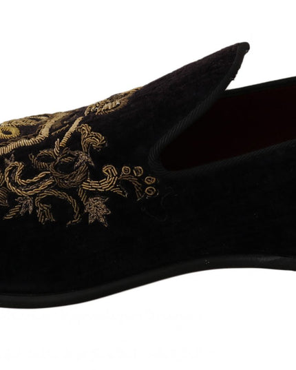Dolce & Gabbana Loafers Black Velvet Gold Crown