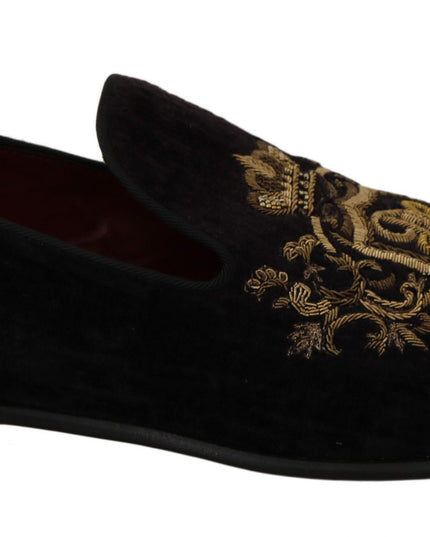 Dolce & Gabbana Loafers Black Velvet Gold Crown