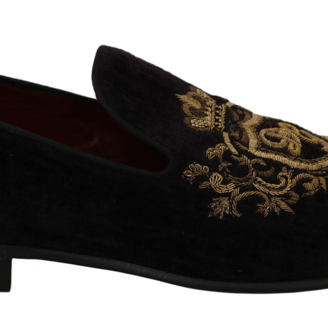 Dolce & Gabbana Loafers Black Velvet Gold Crown