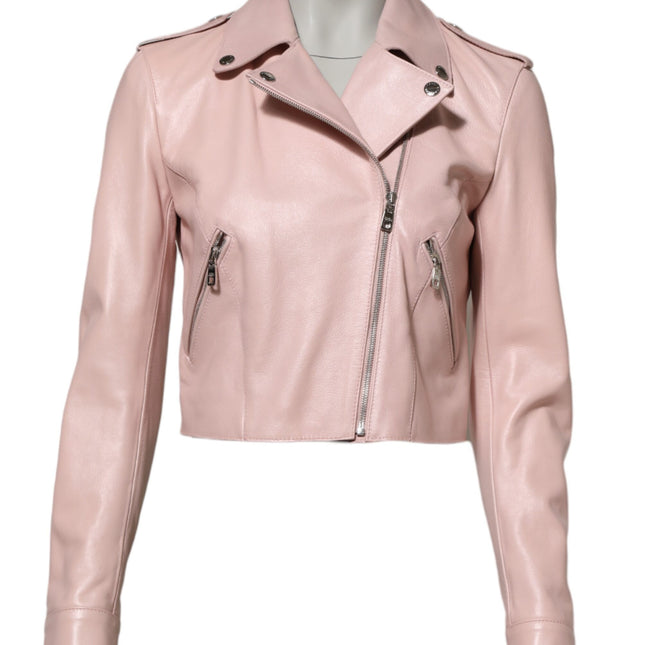 Dolce & Gabbana Light Pink Collar Leather Women Biker Jacket