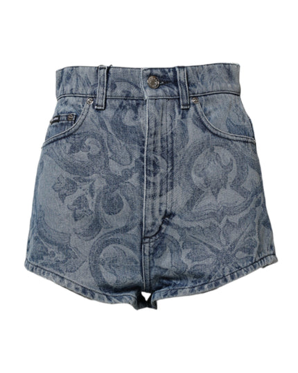 Dolce & Gabbana Blue Floral Print Denim Cotton Hot Pants Shorts