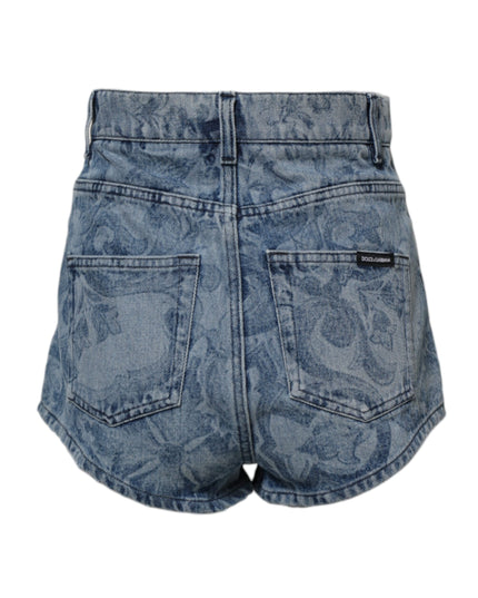 Dolce & Gabbana Blue Floral Print Denim Cotton Hot Pants Shorts