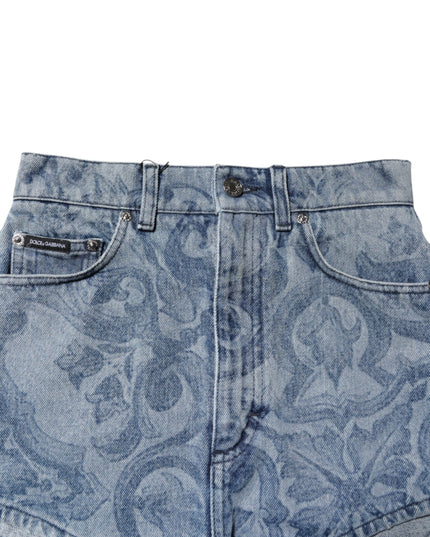 Dolce & Gabbana Blue Floral Print Denim Cotton Hot Pants Shorts