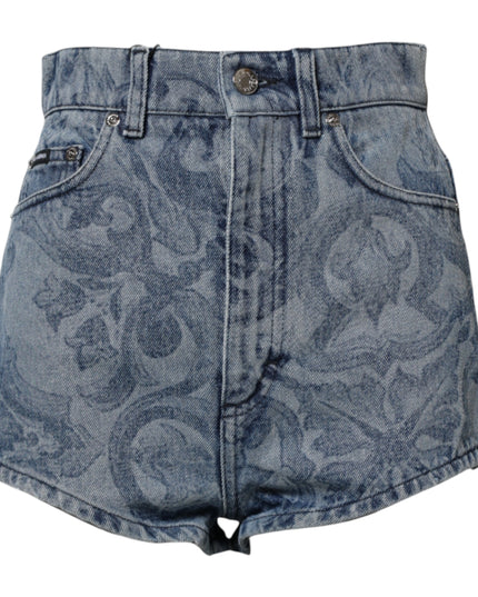 Dolce & Gabbana Blue Floral Print Denim Cotton Hot Pants Shorts