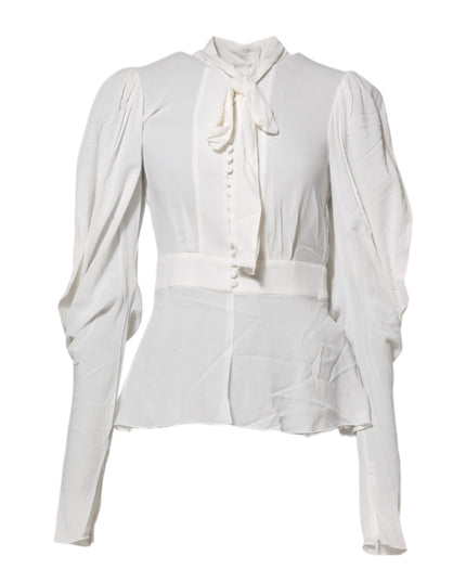 Dolce & Gabbana White Viscose Ascot Collar Long Sleeves Top