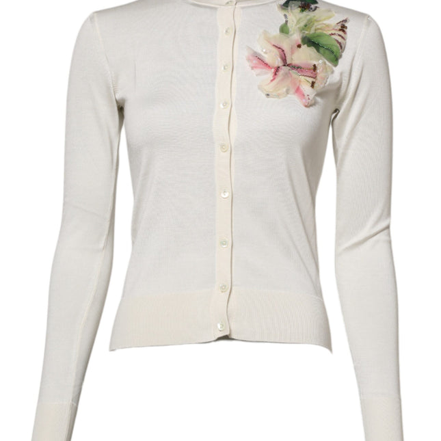Dolce & Gabbana White Silk Lily Buttoned Cardigan Sweater