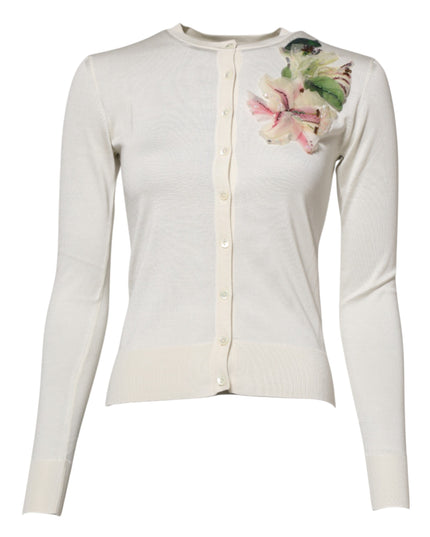 Dolce & Gabbana White Silk Lily Buttoned Cardigan Sweater