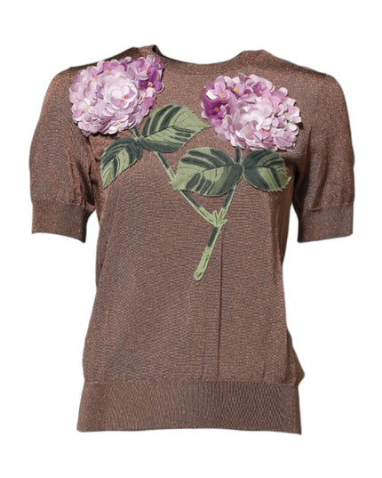 Dolce & Gabbana Brown Lily Embellished Round Neck Blouse Top
