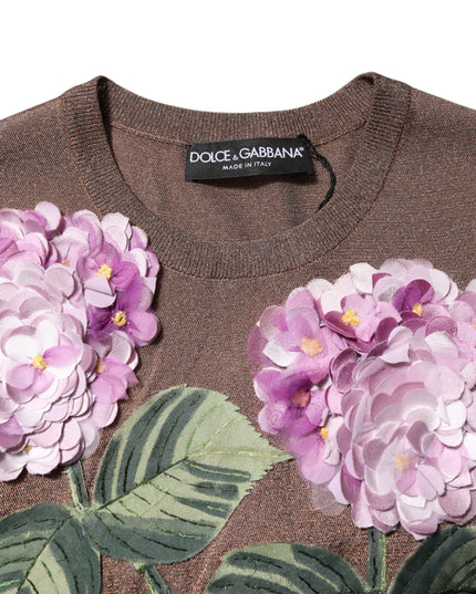 Dolce & Gabbana Brown Lily Embellished Round Neck Blouse Top