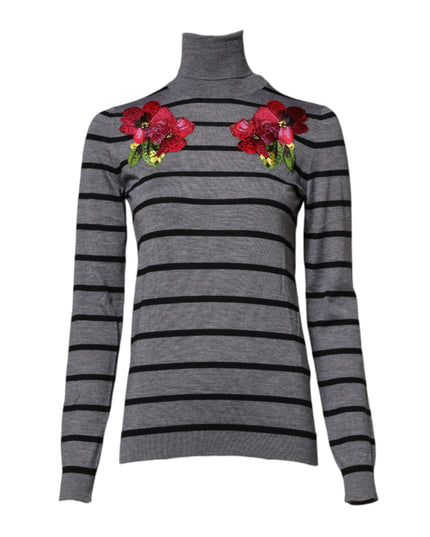 Dolce & Gabbana Gray Floral Embroidery Pullover Sweater