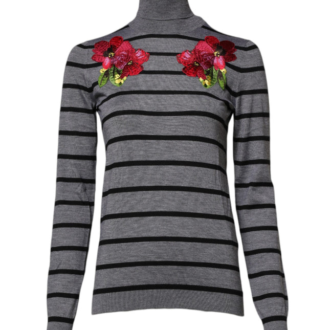 Dolce & Gabbana Gray Floral Embroidery Pullover Sweater