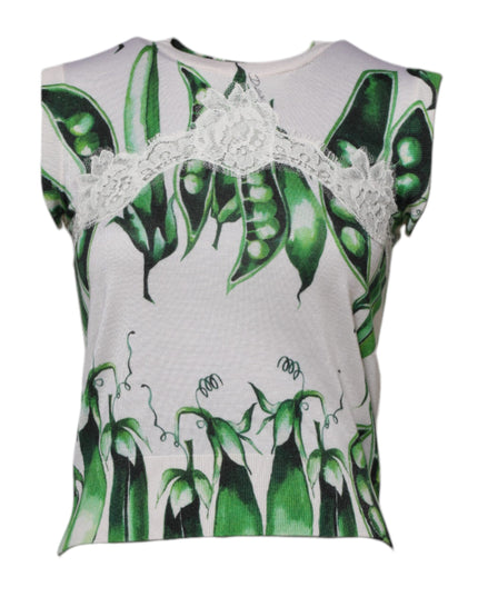 Dolce & Gabbana White Green Pea Print Sleeveless Blouse Top