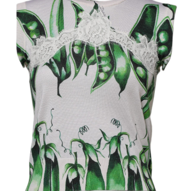 Dolce & Gabbana White Green Pea Print Sleeveless Blouse Top