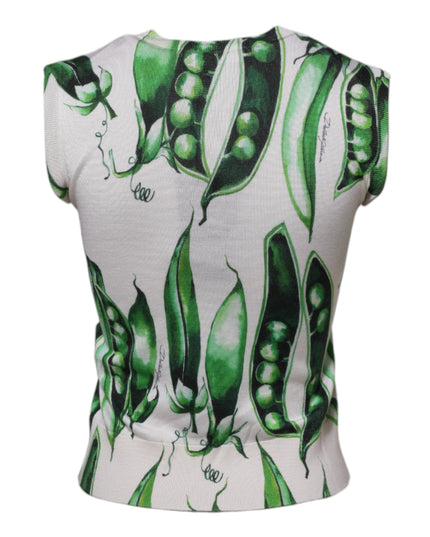 Dolce & Gabbana White Green Pea Print Sleeveless Blouse Top