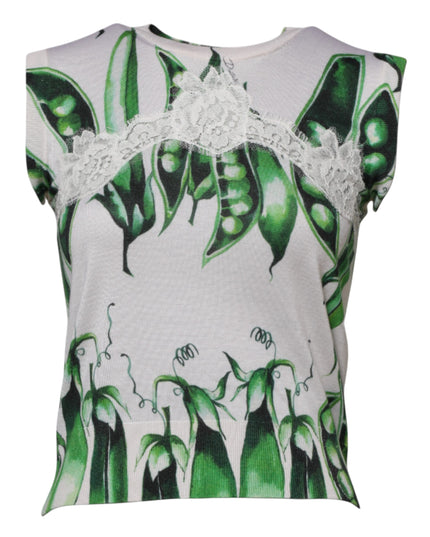 Dolce & Gabbana White Green Pea Print Sleeveless Blouse Top