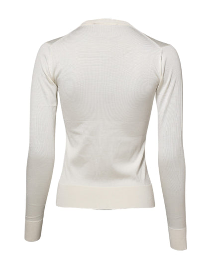 Dolce & Gabbana White Silk Lily Embellished Cardigan Sweater