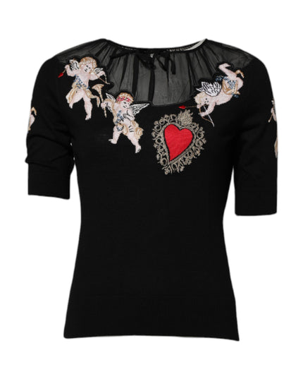 Dolce & Gabbana Black Sacred Heart Embroidered Crewneck Top