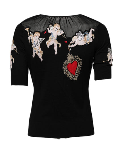Dolce & Gabbana Black Sacred Heart Embroidered Crewneck Top