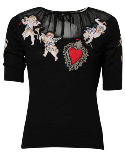 Dolce & Gabbana Black Sacred Heart Embroidered Crewneck Top