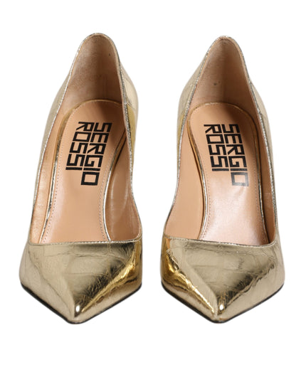 Sergio Rossi Gold Leather Pointed Toe Block Heels Shoes