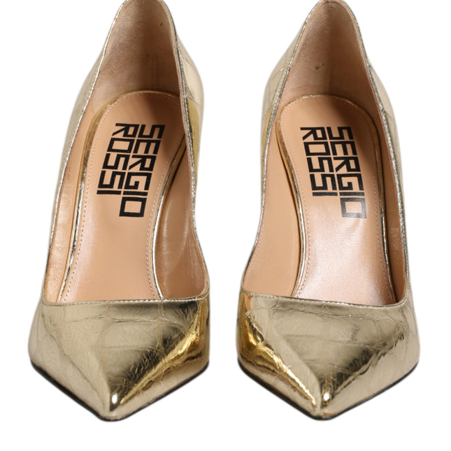 Sergio Rossi Gold Leather Pointed Toe Block Heels Shoes