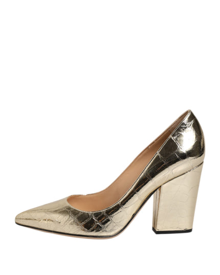 Sergio Rossi Gold Leather Pointed Toe Block Heels Shoes