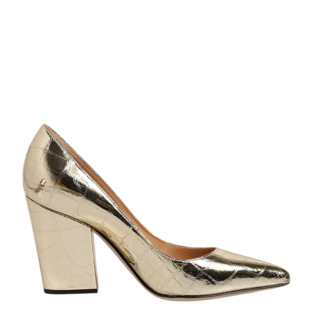 Sergio Rossi Gold Leather Pointed Toe Block Heels Shoes