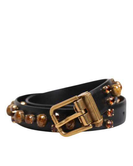 Dolce & Gabbana Black Leather Studded Gold Tone Buckle Belt