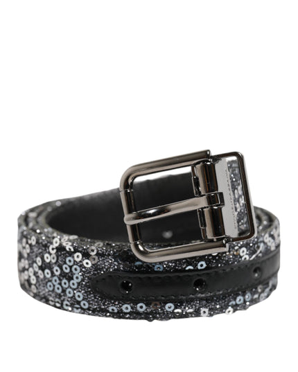 Dolce & Gabbana Black Sequins Silver Metal Logo Buckle Belt