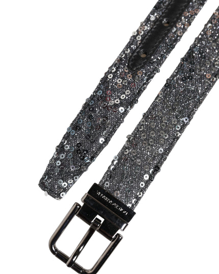 Dolce & Gabbana Black Sequins Silver Metal Logo Buckle Belt