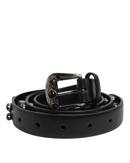 Dolce & Gabbana Black Studded Leather Metal Logo Buckle Belt