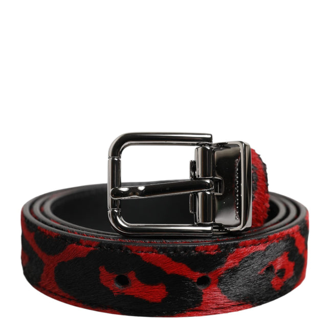 Dolce & Gabbana Black Red Leopard Silver Metal Buckle Belt