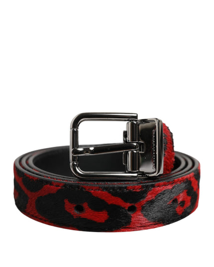 Dolce & Gabbana Black Red Leopard Silver Metal Buckle Belt