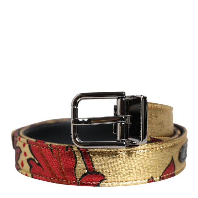 Dolce & Gabbana Gold Floral Jacquard Silver Metal Buckle Belt