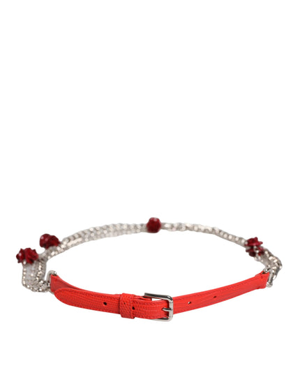 Dolce & Gabbana Red Leather Silver Chain Floral Cintura Belt