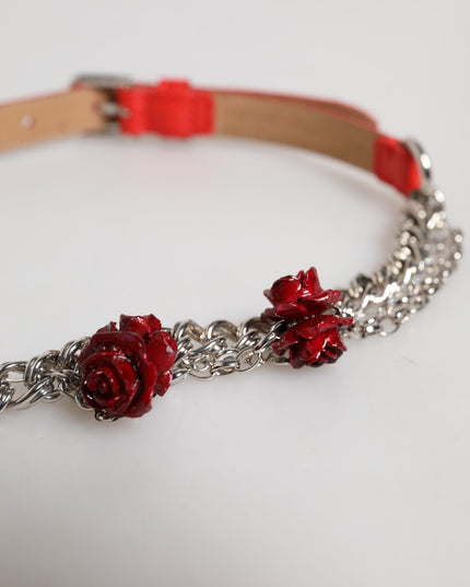 Dolce & Gabbana Red Leather Silver Chain Floral Cintura Belt