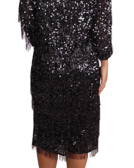 Dolce & Gabbana Black Sequined Long Sleeve Shift Midi Dress