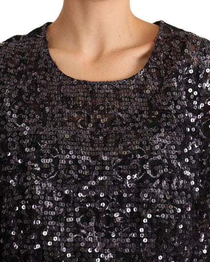 Dolce & Gabbana Black Sequined Long Sleeve Shift Midi Dress
