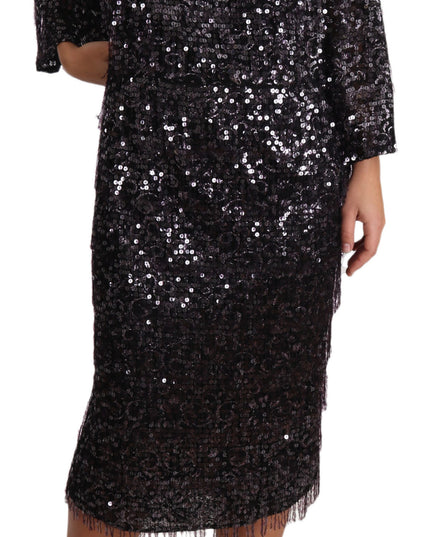 Dolce & Gabbana Black Sequined Long Sleeve Shift Midi Dress