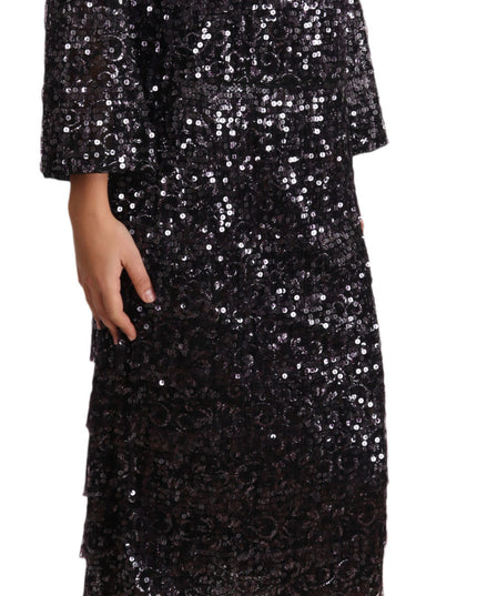 Dolce & Gabbana Black Sequined Long Sleeve Shift Midi Dress