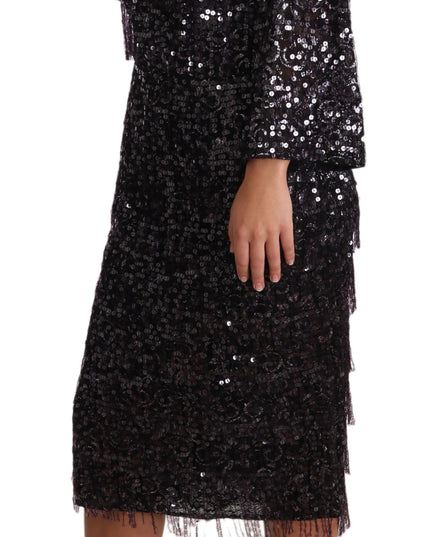 Dolce & Gabbana Black Sequined Long Sleeve Shift Midi Dress