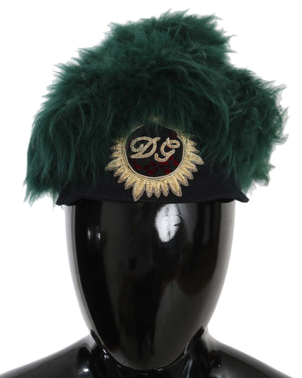 Dolce & Gabbana Green Fur DG Logo Embroidered Cloche Hat