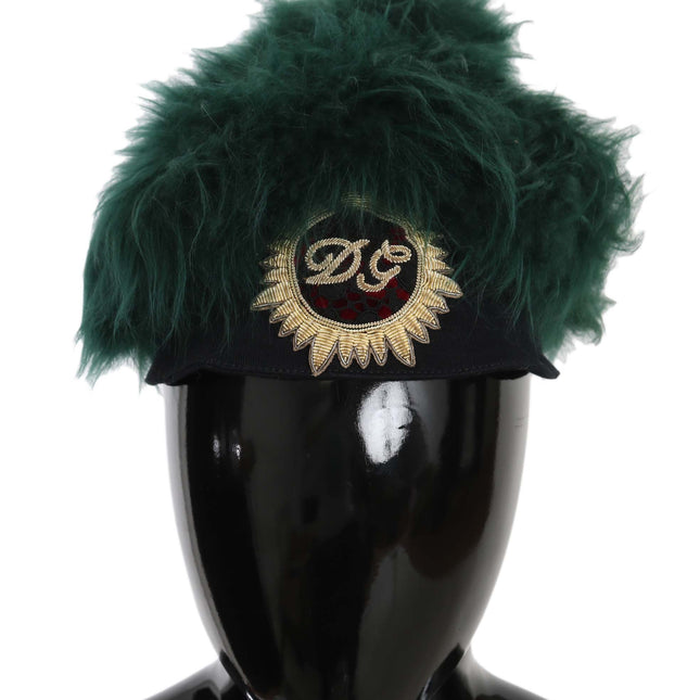 Dolce & Gabbana Green Fur DG Logo Embroidered Cloche Hat