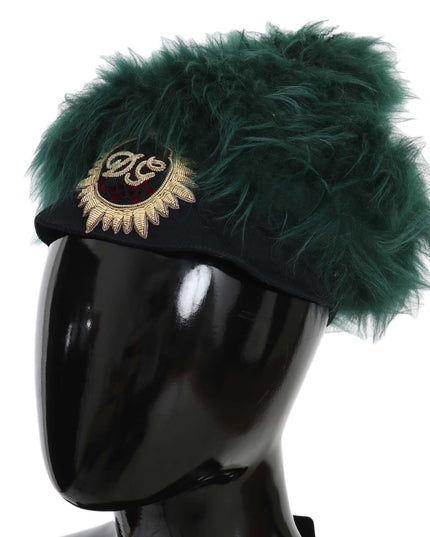 Dolce & Gabbana Green Fur DG Logo Embroidered Cloche Hat