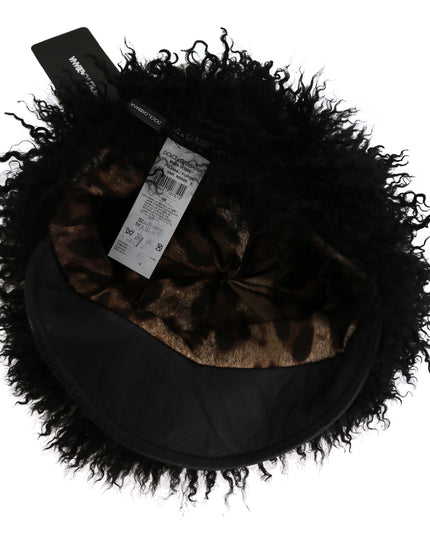 Dolce & Gabbana Black Tibet Lamb Fur Leather Gatsby Hat