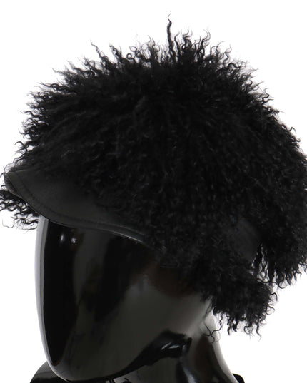 Dolce & Gabbana Black Tibet Lamb Fur Leather Gatsby Hat
