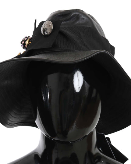Dolce & Gabbana Black Leather DG Coin Crystal Wide Brim Hat