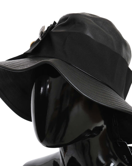 Dolce & Gabbana Black Leather DG Coin Crystal Wide Brim Hat