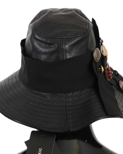 Dolce & Gabbana Black Leather DG Coin Crystal Wide Brim Hat